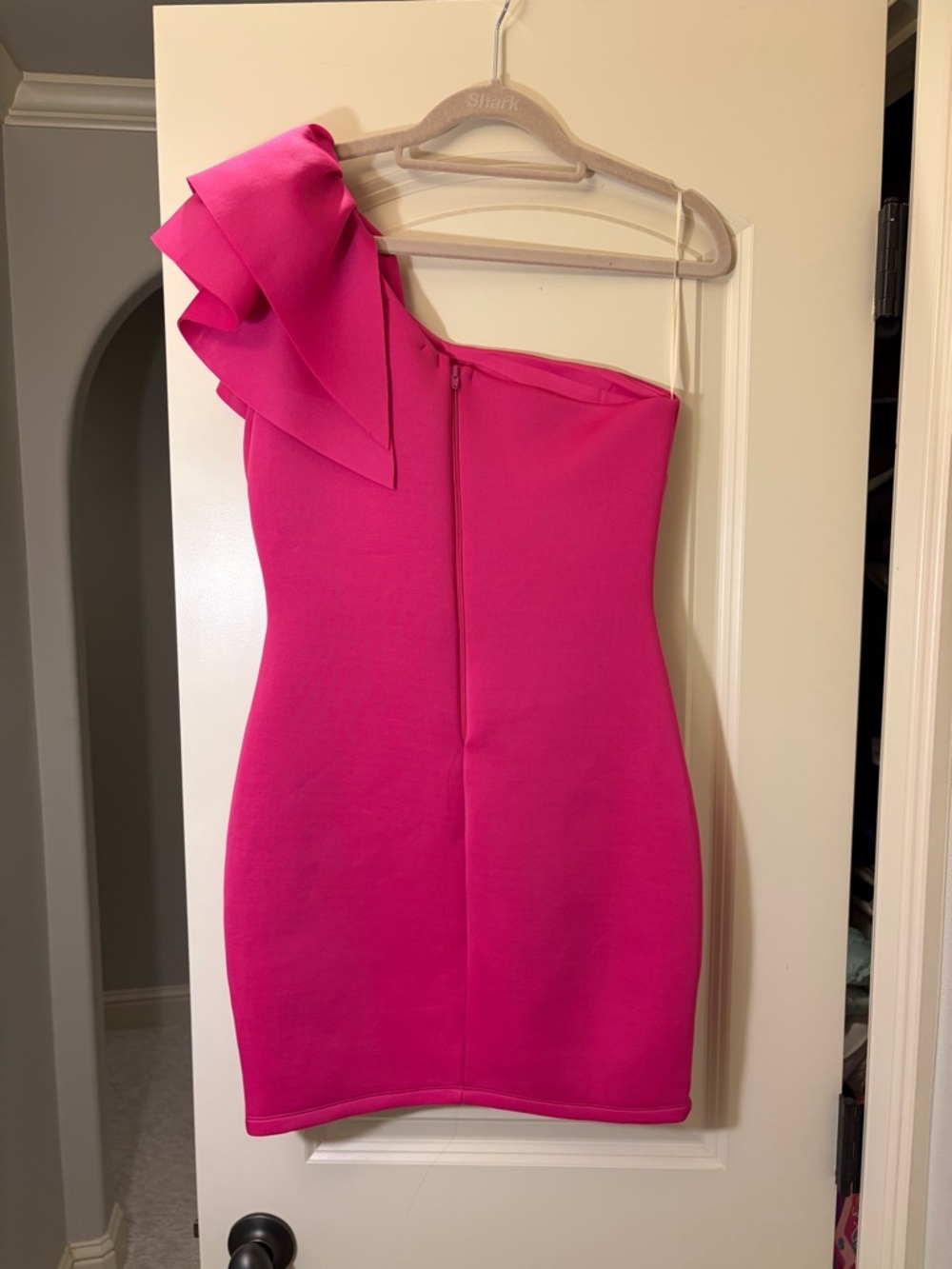 One-Shoulder Hot Pink Ruffle Mini Dress - Picture 3 of 4
